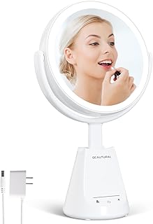 Lighted Makeup Vanity Mirror with 3 Colors, 6.5" Double Sided 1x/10x Magnifying Mirror with Lights, Adjustable Brightness&Standing Height, 360 Degree Rotation Touch Sensor,AC Adapter Powered