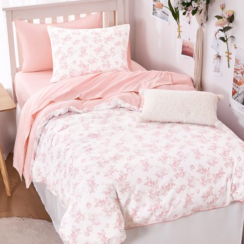 Wake In Cloud - Cottagecore Comforter Set Floral Vintage Flower Shabby Chic Coquette Aesthetic for Women Teen Girls Soft Lightweight Dorm Bedding 3 Pieces Pink Twin/Twin XL Size