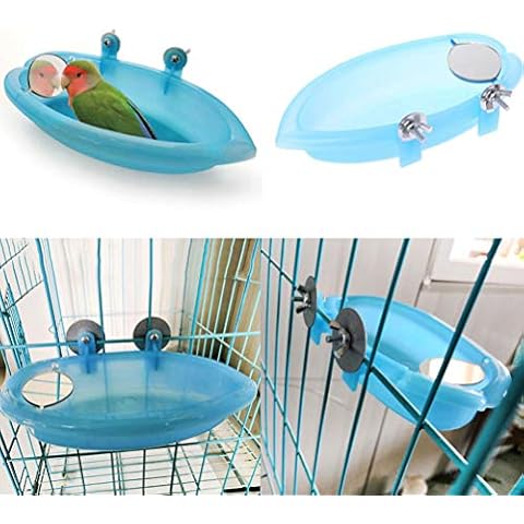 Keersi Bird Bath with Mirror Toy for Pet Small Medium Parrot Budgie Parakeet Cockatiel Conure Lovebird Finch Canary African Grey Cockatoo Amazon Cage Healthy Shower Bathing Tub Food Feeder Bowl Cover