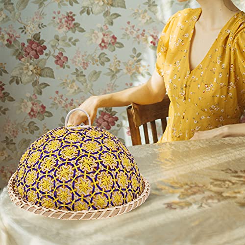 Generic Hand- Woven Round Rattan Serving Tray With Food Dome Lid Cover For Picnic Party Bread Cake Pizza Dry Fruit Dessert Yellow Q1519432Baa 28X28Cm #TOP4