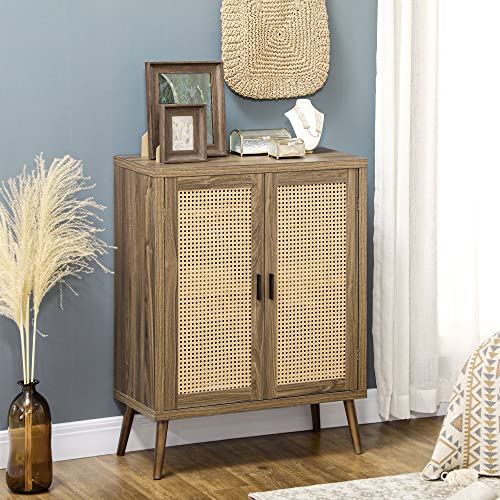 HOMCOM-Sideboard-Buffet-Cabinet-with-Rattan-Decorated-Doors-Kitchen-Cabinet-Accent-Cabinet-with-Adjustable-Shelves-Solid-Wood-Legs-for-Living-Room-Hallway-Brown HOMCOM Sideboard Buffet Cabinet with Rattan Decorated Doors Kitchen Cabinet Accent Cabinet with Adjustable Shelves Solid Wood Legs for Living Room Hallway Brown