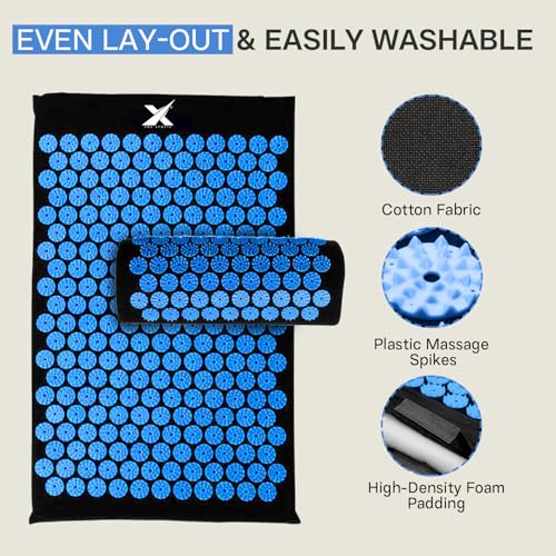 XN8 Yoga Acupressure Mat Pillow Set Acupoint Acupuncture Reflexology Mat for Massage-Pain Relief-Stress Reduction-Therapy-Relaxation with Carrying Bag and Strap(Black/Blue) - Image 3