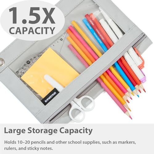 Image of SPACEMATE 2 Pack Pencil Pouch for 3 Ring Binder, Clear 3-Hole Zipper Case | Metal Grommets, School Supplies Organizer for Girls, Boys & Kids, Preppy Aesthetic Style, 1 Pack, Gray