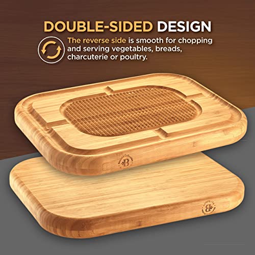 Premium Bamboo Meat Cutting Board - Heavy Duty Chopping Block Steak Carving Board - Reversible Wood Serving Tray With Juice Groove And Spikes, Stabilizes Meat While Carving #TOP4