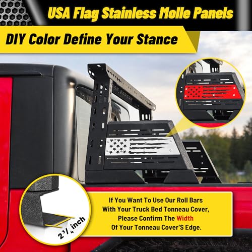 Image of MONOKING Adjustable Roll Bar Chase Rack for Mid Size Truck, Sport Bar Compatible with Tonneau Cover for 2007-2026 Tacoma Gladiator JT Ranger Colorado Canyon Frontier, DIY USA Flag MOLLE Panel Bed Rack
