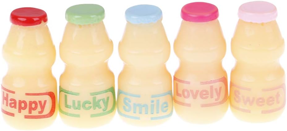 7thLake 5PCS Quality Resin Yogurt Drink 1:12 Scale Mini Milk Bottles Set Model Dollhouse Miniature Drink Play Food Doll House Kitchen Toys（5 different taste）