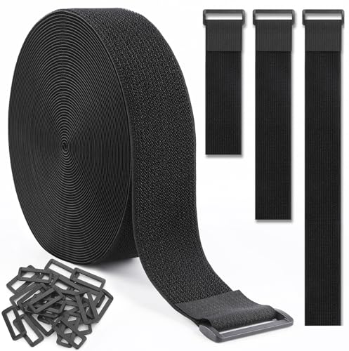 GDSZ LAERSI 1.5In x 20Ft Cinch Straps Nylon Heavy Duty with 25 Buckles Cut to Length Black Hook and Loop Straps Reusable Long Cable Ties for Storage and Cord Organizer