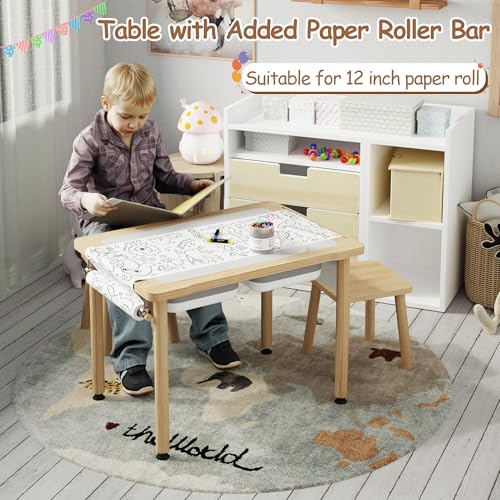 Image of BRINJOY Sensory Table for Toddlers, Kids Activity Desk with 2 Stools & Storage Bins, 3 in 1 Wood Sand and Water Table with Colored Pens & Animal Toys & DIY Tunnels for Indoor Outdoor Gifts