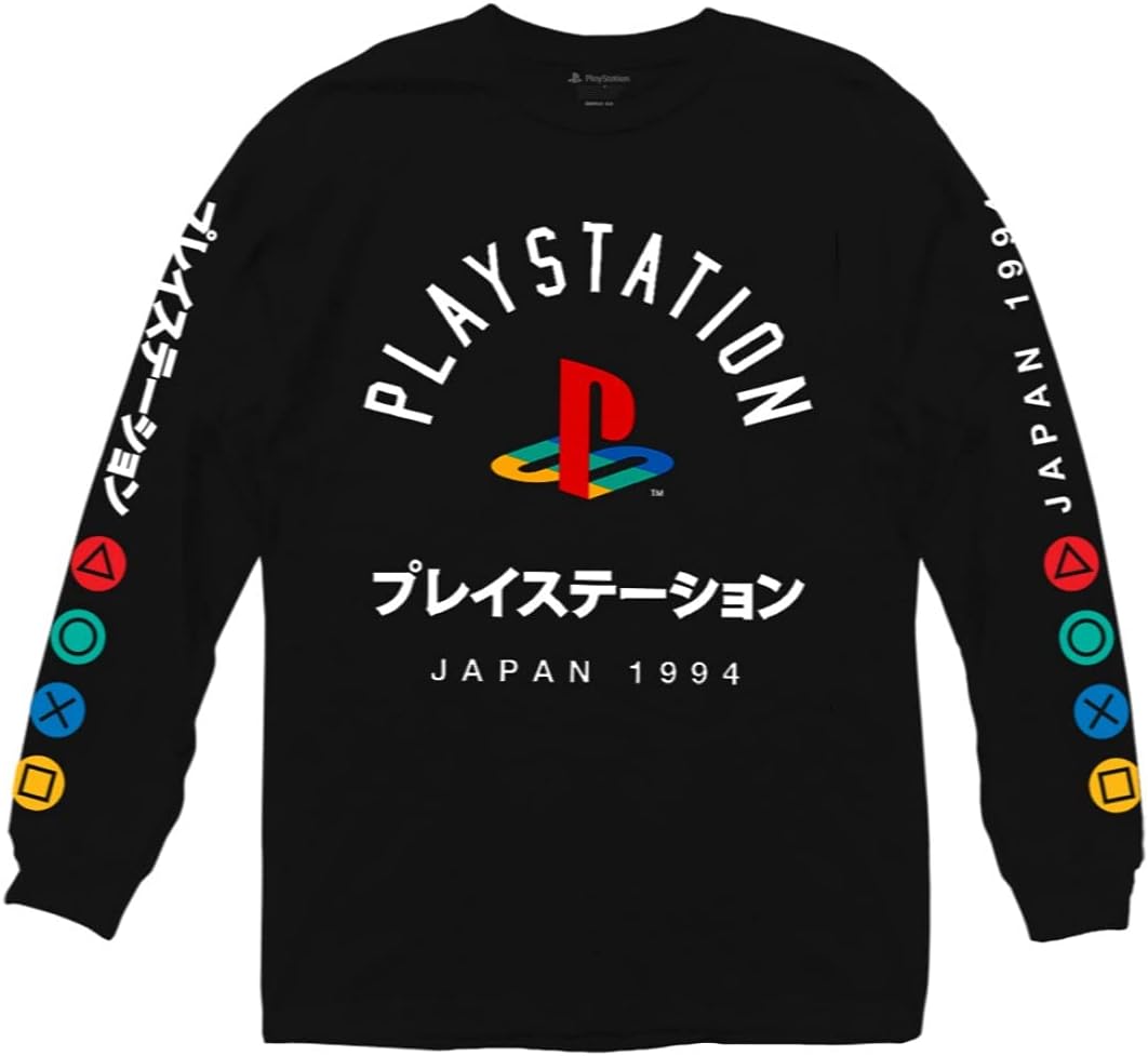 Ripple Junction Men’s Playstation Logo Long-Sleeve Shirt with Japanese Characters, Black