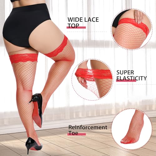 MANZI Women's Plus Size Fishnet Thigh High Stockings Silicone Lace Top Sheer Over Knee Stockings Stay Up Lingerie Tights3