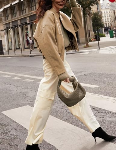 Womens Wool Blend Bomber Jacket Casual Cropped Boxy Fit Coat Elastic Hem Snap Button Outwear with Pockets3