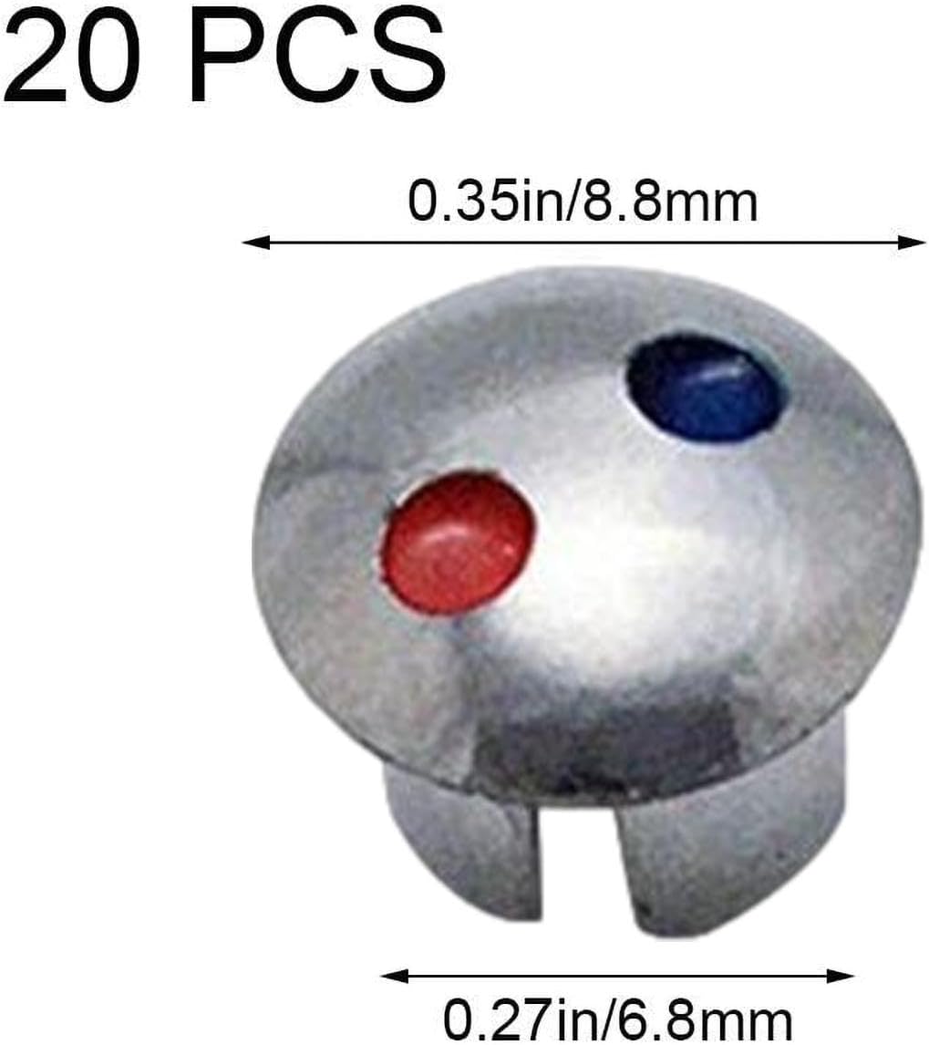 A close-up of a single hot/cold indicator with dimensions labeled: 0.35in/8.8mm diameter and 0.27in/6.8mm height.