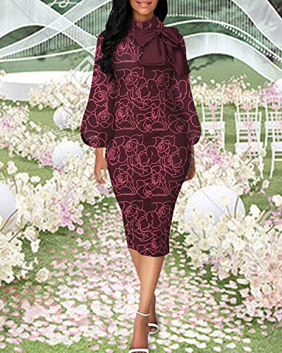 Image of Sexy Long Sleeve Dress for Women Solid Color Bow Knot Turtleneck Formal Gown Midi Casual Church Dresses