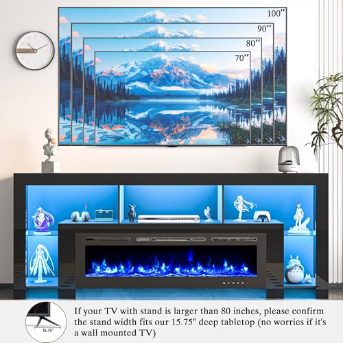 94.5" Fireplace TV Stand for TVs Up to 100", Gaming LED Entertainment Center with 50" Electric Fireplace, Modern High Gloss Media Console for Living Room, Glass Shelves & Open Storage, Black