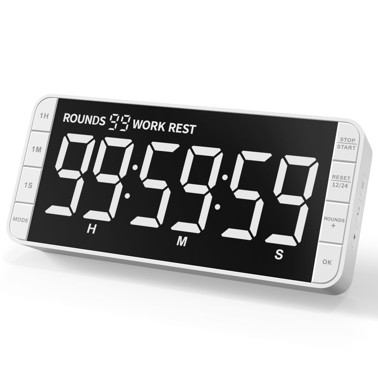 Temporizador Cocina: 99h 59min 59sec, Cuenta reg./Prog., Recargable, Digital con intervalos, LED 7.8'' Grande, 3 Brillos, 5 alarmas, 4 volúmenes, magnético para aulas (Blanco)