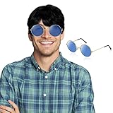 Diseño de disfraces de los años 80: la peluca corta y negra de los hombres te hace sentir como una estrella en el pasado, genial y atractivo, brindando una sensación retro; Y el diseño redondo y azul de las gafas es vintage, lo que te convierte en el centro de atención de la multitud