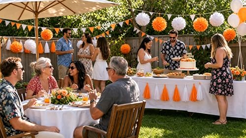 Image of Orange and White Tassel Garland Streamers - 20pcs Orange White Tissue Paper Tassel Banner for Party Decor,DIY Kits - (20 PCS)