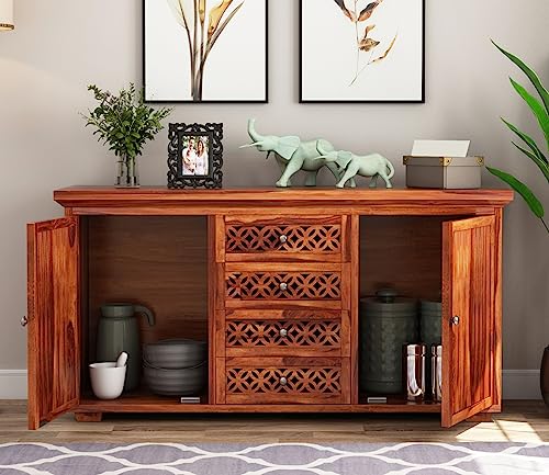 Image of Solid Sheesham Wood Wooden Sideboard Storage Cabinet & Chest of Drawer : Ideal for Living Room and Bedroom with 4 Drawers and 4-Shelf Storage (Cambrey, Honey Finish)