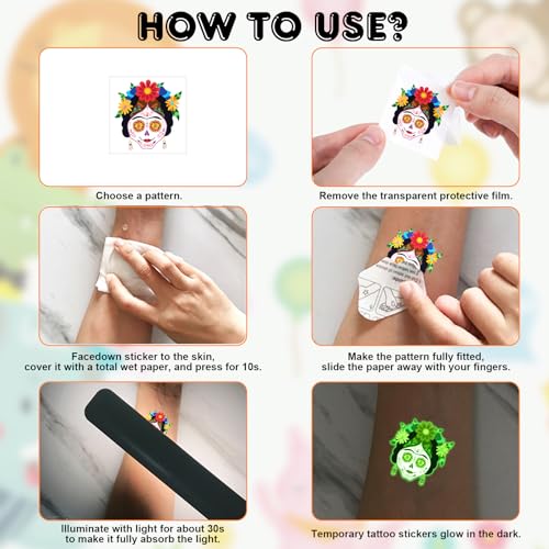 Qpout 96pcs Day of the Dead Sugar Skull Glow in Dark Temporary Tattoos for Kids,Halloween Dia De Los Muertos Waterproof Fake Skeleton Sugar Skull Tattoos Stickers - Image 3