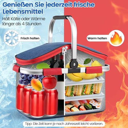 Faltbarer Einkaufskorb Kühltasche 27L - Ideal für den Wocheneinkauf mit gepolsterten Tragegriffen & Reißverschluss am Deckel, leicht klappbar & kompakt, 10kg belastbar, Faltkorb als Picknickkorb