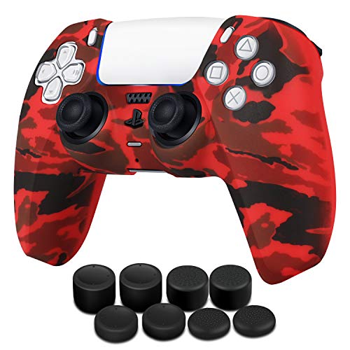 TNP Funda para mando PS5 de silicona, Funda de mando para PS5 con 8 agarres, Carcasa para controlador PS5 antideslizante, Accesorio protector para Play Station 5, Camuflaje rojo Cover