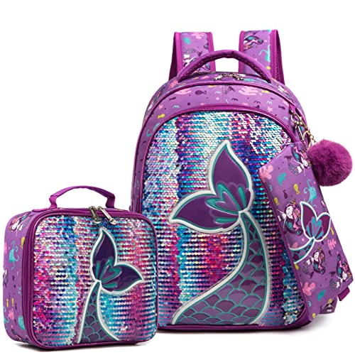 HTgroce Mädchen Rucksack Meerjungfrau Pailletten Schultasche mit Schulter Lunch Bag Federmäppchen Rucksack für Schulreisen Cover
