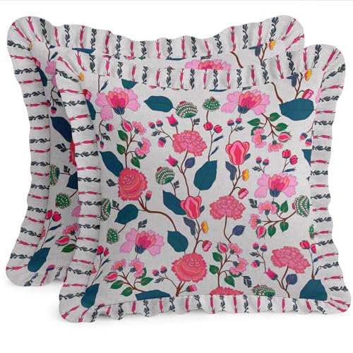 Vargottam Set of 2 Cotton Twill Pillow Covers - Floral Print, 16x16 Frill Cushion Covers with Hidden Zipper, Reversible Print, Rustic Farmhouse Decor