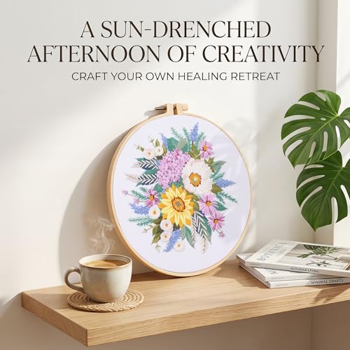 Image of Harimau Adult Beginner Embroidery Starter Kit, Complete Set with 4 Patterns, 2 Hoops, Needles, Scissors, Instruction Guide & Stitching Video Tutorials