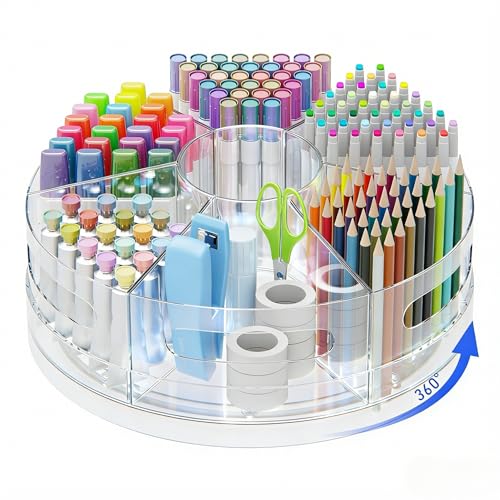 CraftGenes Rotating Desk Organizer, 360° Acrylic Pen Organizer for Desk with 7 Removable Compartments, Extra-Large Pen Holder for Office Supplies, Markers, and Art Supplies, Clear Pencil Holder