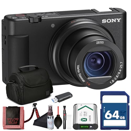 Image of Sony ZV-1 Digital Vlogging Camera Black (DCZV1/B) – 20.1 MP 1” Sensor, 24–70 mm ZEISS Lens, 4K HDR Video, Flip Screen w/ 64GB Card, Deluxe Soft Bag, Flex Tripod, Memory Card Wallet, Cleaning Kit