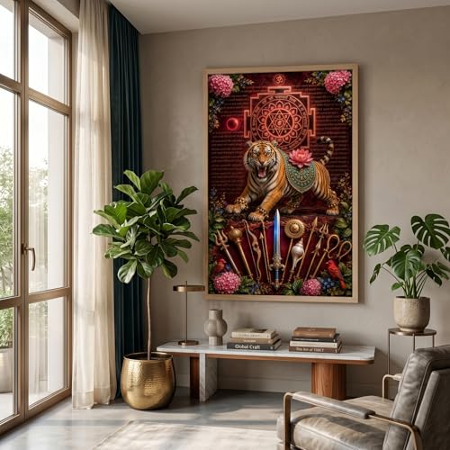 Image of Livin'luxe Durga Maa Tiger Yantra Wall Painting for Living Room Bedroom Pooja Room Decor with Premium Wooden Color Synthetic Frame, Spiritual Hindu Art Gift (13.5 x 19.5) NM01-4089