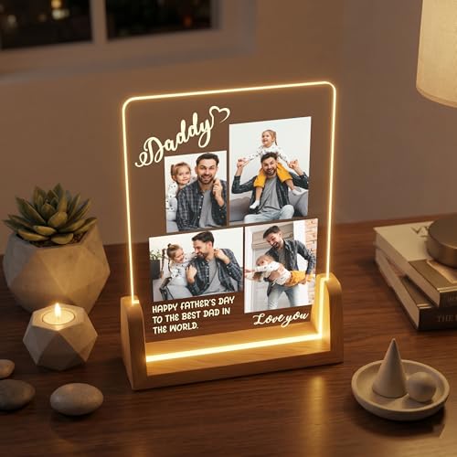 Image of Giftplease Fathers Day Personalized Rectangular Acrylic Wood Tabletop Photo Frame | Warm Led Light Base Custom Picture Layout Family Desktop Night Decor Assembly for Dad Papa Husband Stepdad Grandpa