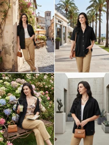Image of Leriya Fashion Shirts for Women | Cuban Collar Textured Half Sleeve Button-Down Casual Shirt | Relaxed Fit Shirt Everyday Office Wear & Vacation Wear