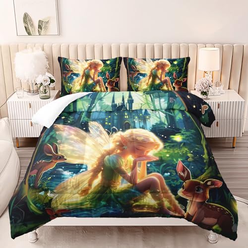 Image of AILONEN Butterfly Fairy Comforter Set, Princess and Elk Duvet Set, Full Size, Mysterious Forest Theme Bedding Set, 1 Quilt + 2 Pillow Case