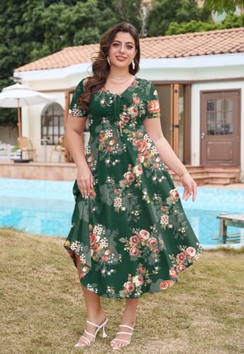 Image of Keluummi Plus Size Maxi Dress for Women V-Neck Short Sleeve with Pockets