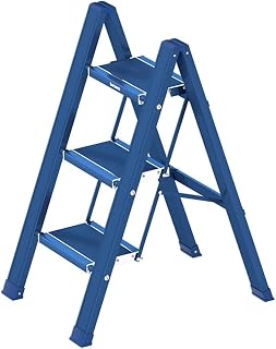 HDDNMLOH Escalera de Aluminio de 2 y 3 escalones con peldaños Anchos y Antideslizantes, Ligera, Plegable, portátil, de Seguridad, Multifuncional (Color: Azul, tamaño: 3 escalones)