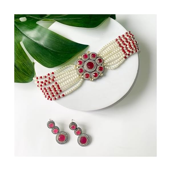 I Jewels Traditional Royal Kundan Pearl Stone Multistrand Design Pink Choker Necklace Jewellery Set With Earrings For Women (ML336WQ) - Image 3