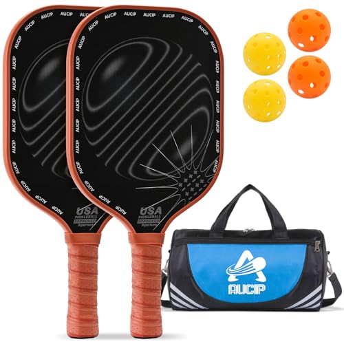 AUCIP Pickleball Racket, Fibreglass Surface Pickleball Paddle Set of 2 with 2 Pickleball Rackets, 4 Pickleball Balls and 1 Pickleball Bag - Indoor and Outdoor Pickleball Sport