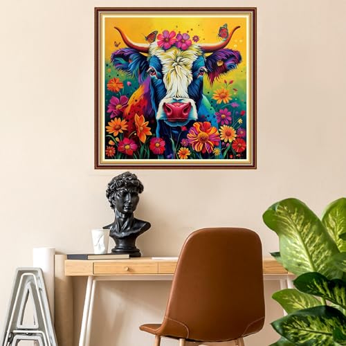 Image of Fanxvivy Stamped Counted Cross Stitch Kits for Adults Printed Cross-Stitch Patterns 11CT Stamped or Counted Cross Stitching Embroidery Kit Needlepoint Kits-Flower Colored Cow 18x18 inch