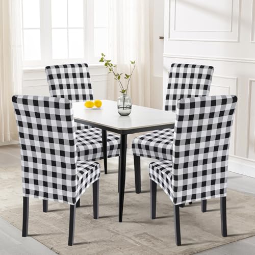 Image of SearchI Printed Dining Room Chair Covers Set of 6, Stretch Kitchen Chair Covers Washable Parsons Chair Slipcover Removable Dining Chair Protectors for Hotel,Ceremony(Black /White Plaid)