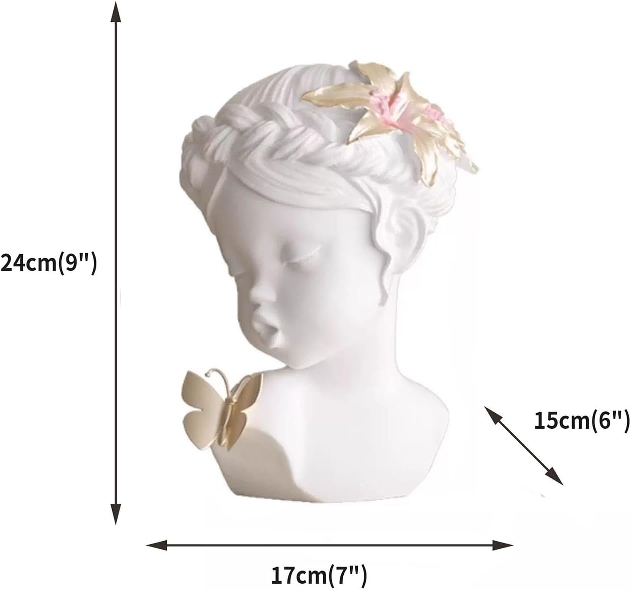 BK&MF Modern Abstract Desktop Resin Bust Sculpture, Blowing Butterfly Girl with Golden Hair Ornament Decor Art, Unique Home Decor & Gift for Her,White,17x15x24cm(7x6x9inch)
