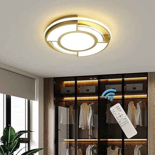 Oninio 30W Dimmable Ceiling Light Fixture, Gold Modern Led Ceiling Light Flush Mounted Chandelier Lighting Fixture for Bedroom Kitchen Living Dining Room Hallway Office, Round