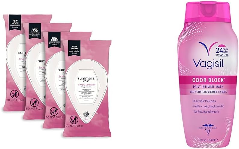 Summer's Eve Simply Sensitive Feminine Wipes, 32 Count (4 Pack) & Vagisil Feminine Wash, Odor Block, 12 oz (1 Pack)