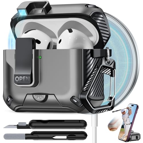 Image of for AirPods 4 Case with Lock (Gray) | Compatible with MagSafe,with Phone Stand,with Automatic Snap Switch Carbon Fiber Design Protection Cover with Cleaning Pen