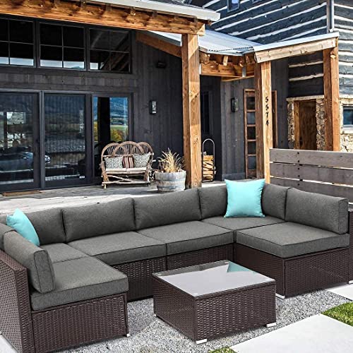 HOMPUS-7-Pieces-Outdoor-Furniture-Set-All-Weather-Brown-Wicker-Patio-Sofa-wGrey-Seat-Cushions-2-Blue-Pillows-and-Glass-Coffee-Table-Outdoor-Sectional-Sofa-Couch-for-Backyard-Garden-Balcony-Deck HOMPUS 7 Pieces Outdoor Furniture Set All Weather Brown Wicker Patio Sofa wGrey Seat Cushions 2 Blue Pillows and Glass Coffee Table Outdoor Sectional Sofa Couch for Backyard Garden Balcony Deck
