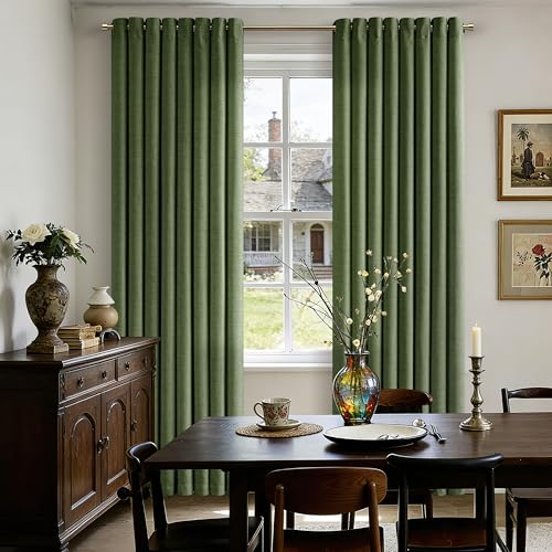 Image of 90 Inch Length 2 Panels Olive Green Linen Curtains for Living Room | Semi Sheer, Grommet Drapes, Thick Linen, Privacy, Boho, Farmhouse, Window Curtain for Bedroom, Office, Sliding Door, 52x90