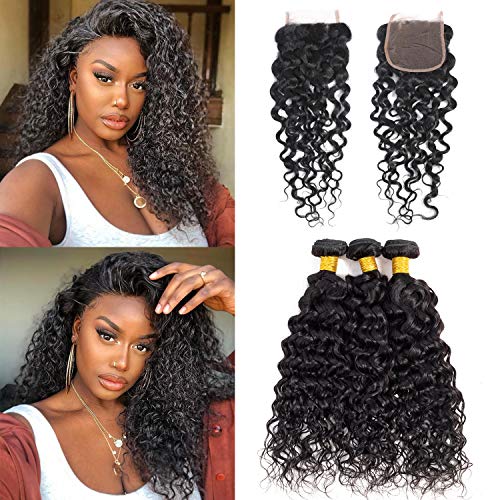 9A Water Wave Bundles With Closure 16 18 20+14 Brazilian Virgin Human Hair Water Wet and Wavy 3 Bundles With Free Part Closure Natural Black (16 18 20+14)