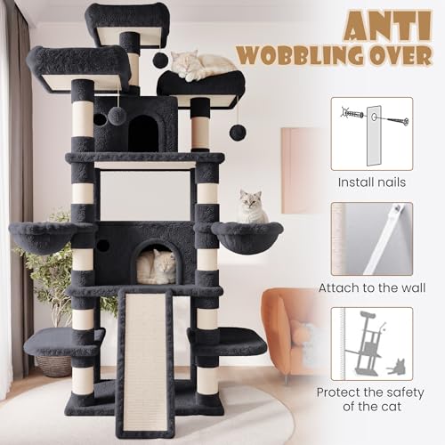 Image of SHA CERLIN 81 Inches Extra Large Cat Tree for Indoor Adult Cats /XXL Big Cat Tower with Condo /Cozy Perches /Sisal Scratching Posts and Hammocks /Activity Center /F80 /Heavy Duty /Dark Grey