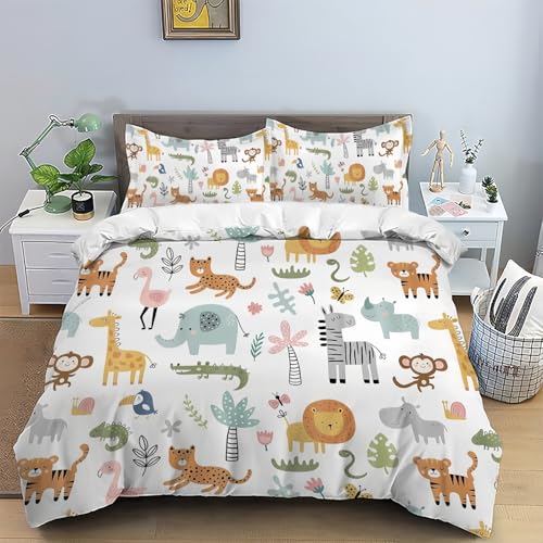 TKCQX Animaux de La Jungle Housse de Couette 90x190 Enfant Impression 3D d'animaux Sauvages de Dessin Animé Parure de Lit 1 Personne GarçOn Fille Ado Sets de...