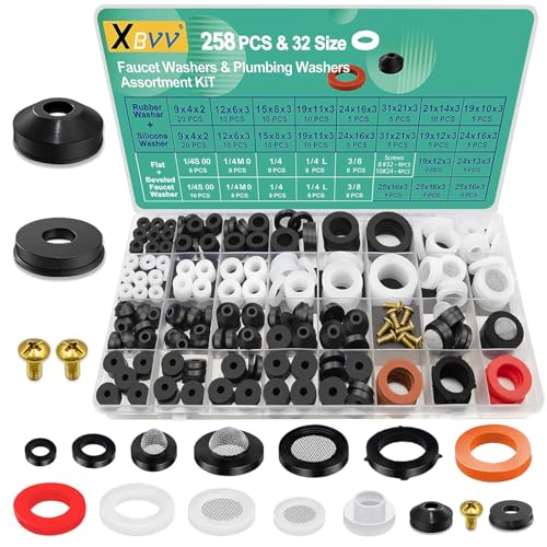 XBVV 32 Größe 258 PC Wasserhahn und Sanitär Gummi Unterlegscheiben Sortiment Kit für verschiedene Gartenschlauch Ventil Spigot Adapter Splitter Outdoor Wasserhahn Bibb Dichtung Reparatur